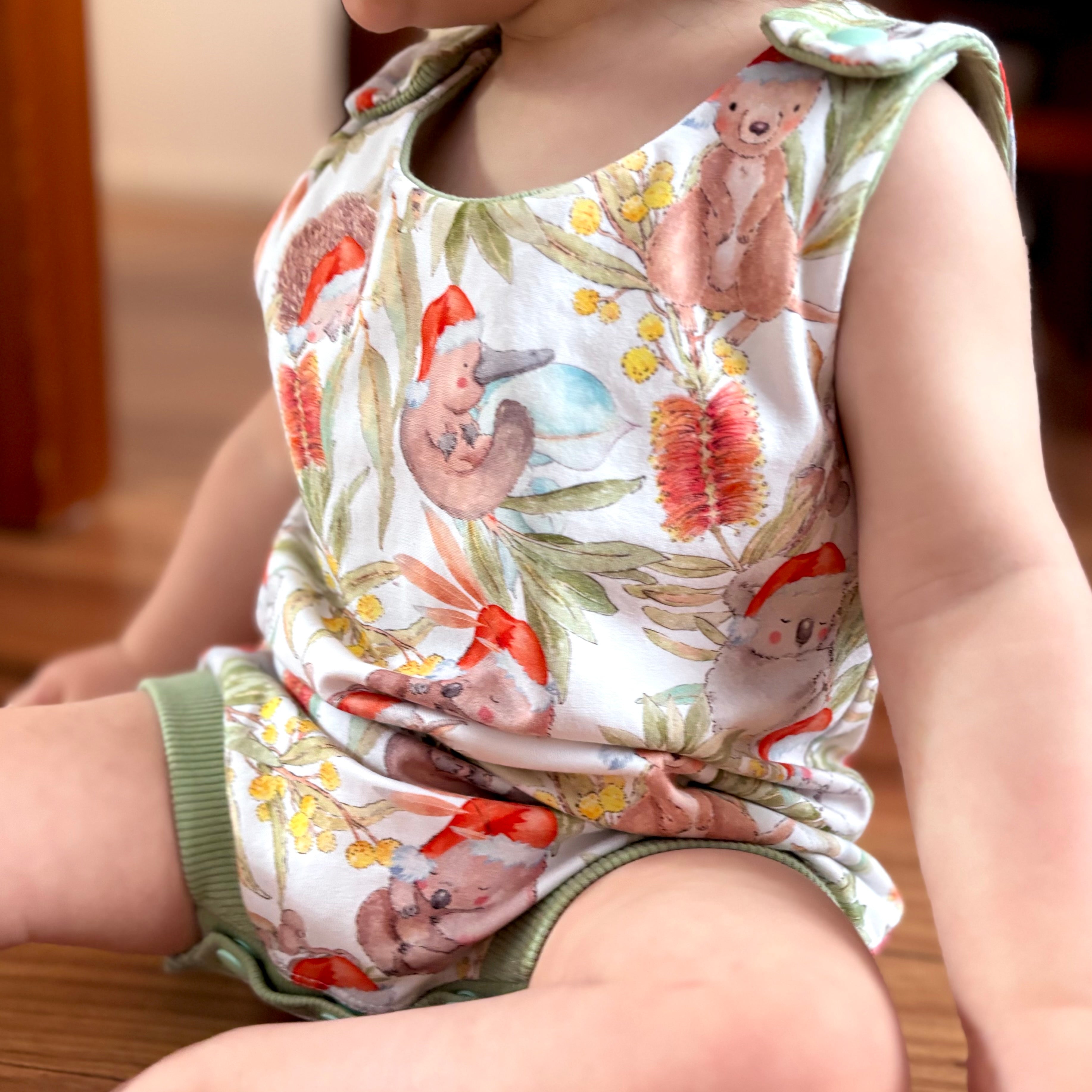 Christmas Baby Summer Romper - Green Aussie Animals