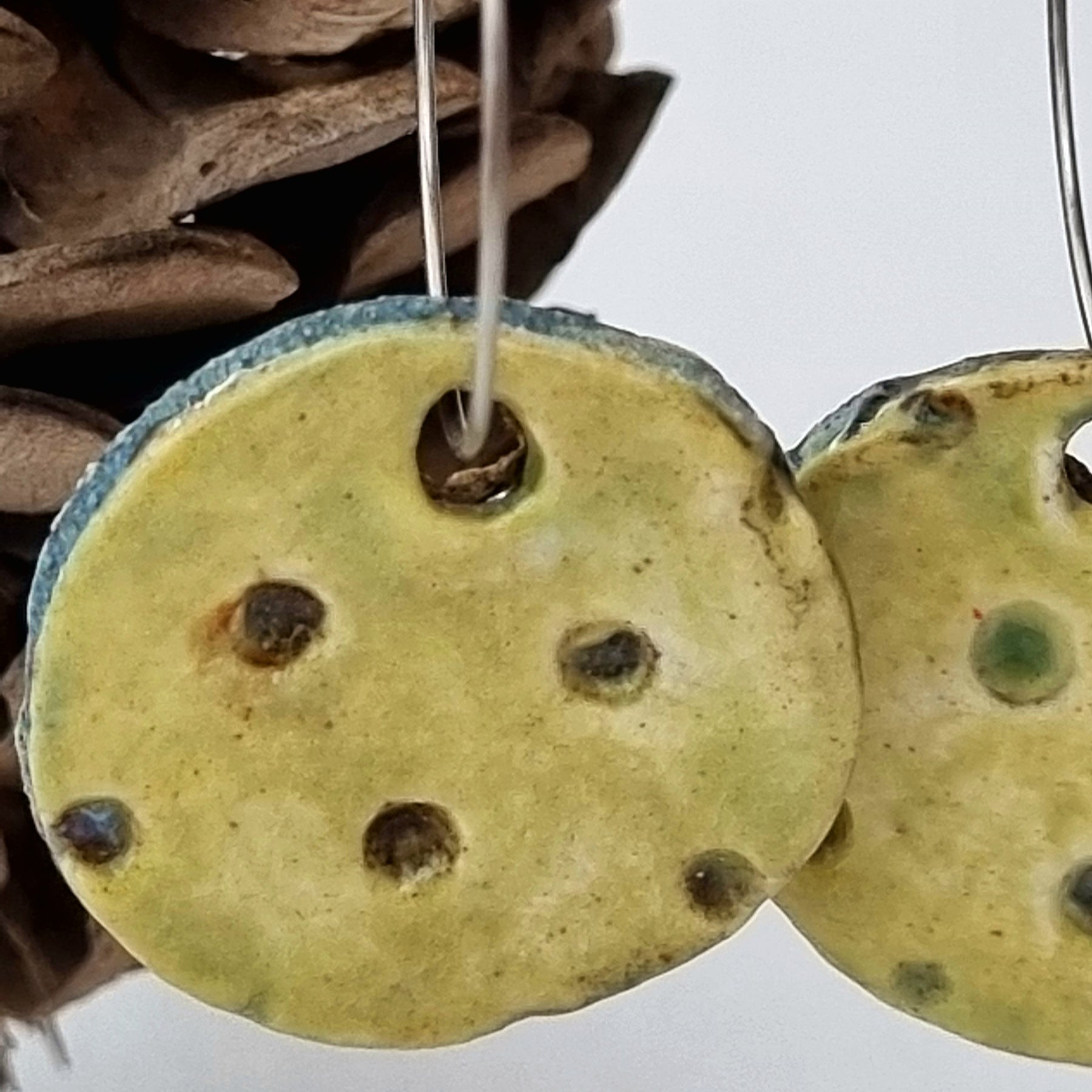 Handmade Stoneware Ceramic Earrings, chartreuse multi-coloured, 28mm diameter, pierced ears