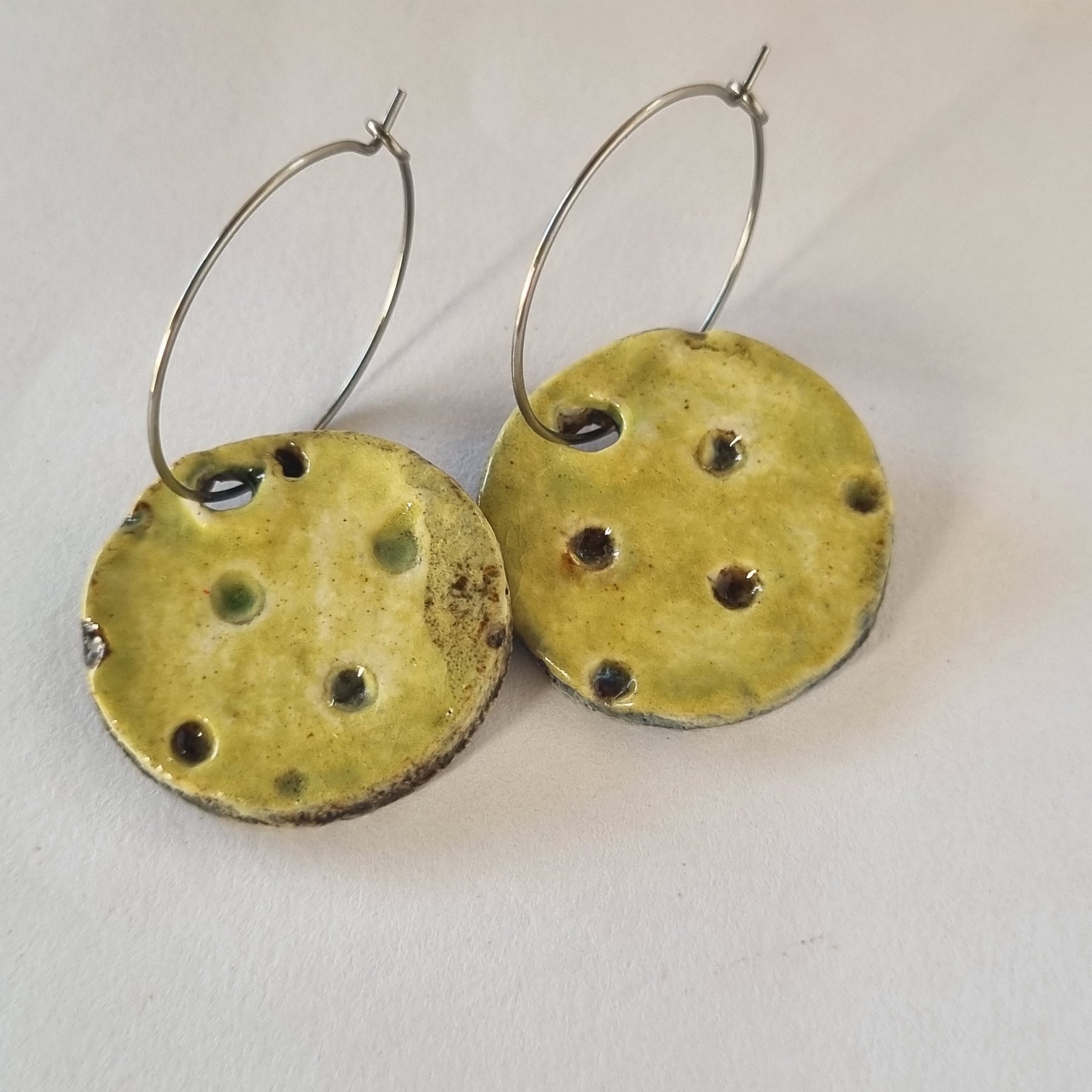 Handmade Stoneware Ceramic Earrings, chartreuse multi-coloured, 28mm diameter, pierced ears