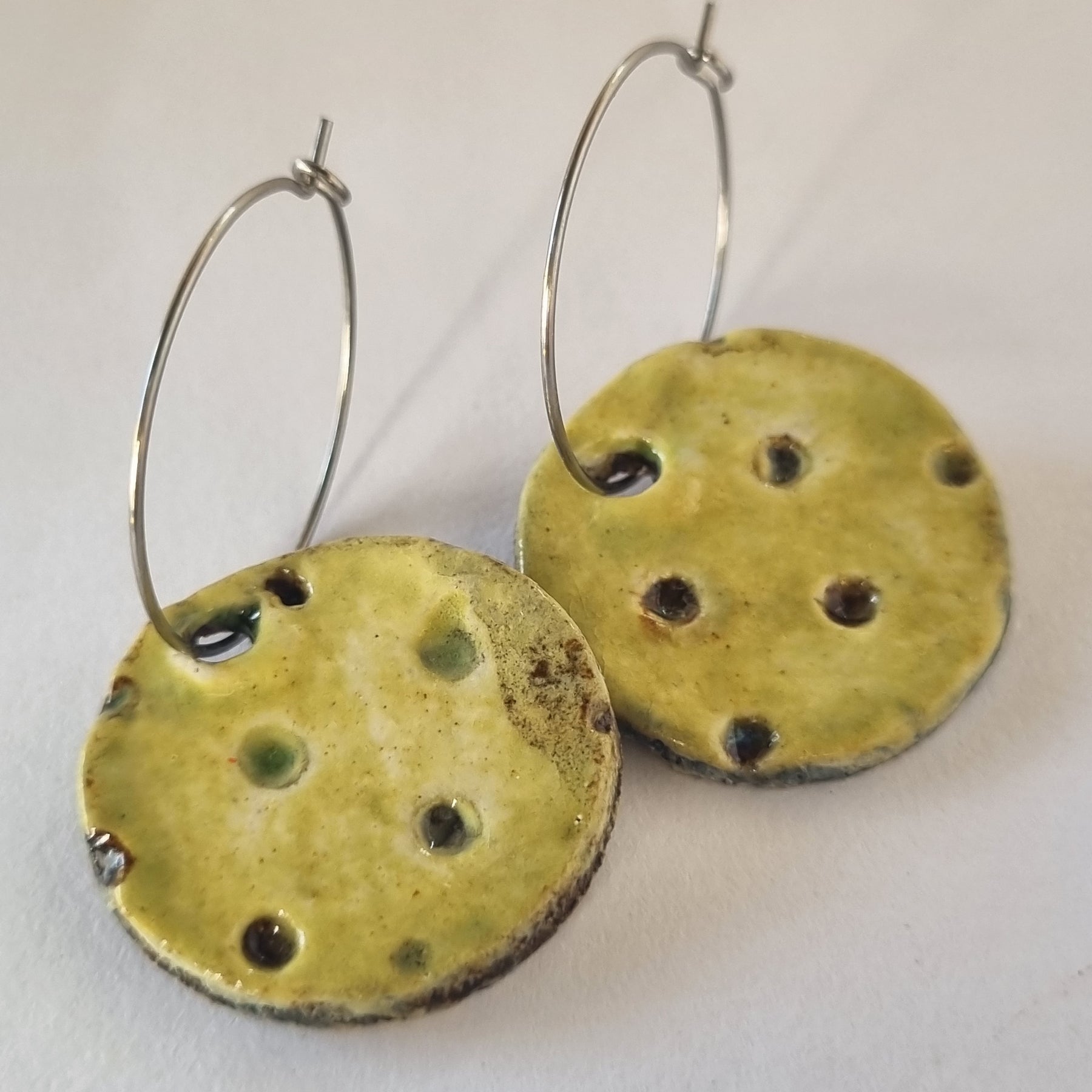 Handmade Stoneware Ceramic Earrings, chartreuse multi-coloured, 28mm diameter, pierced ears