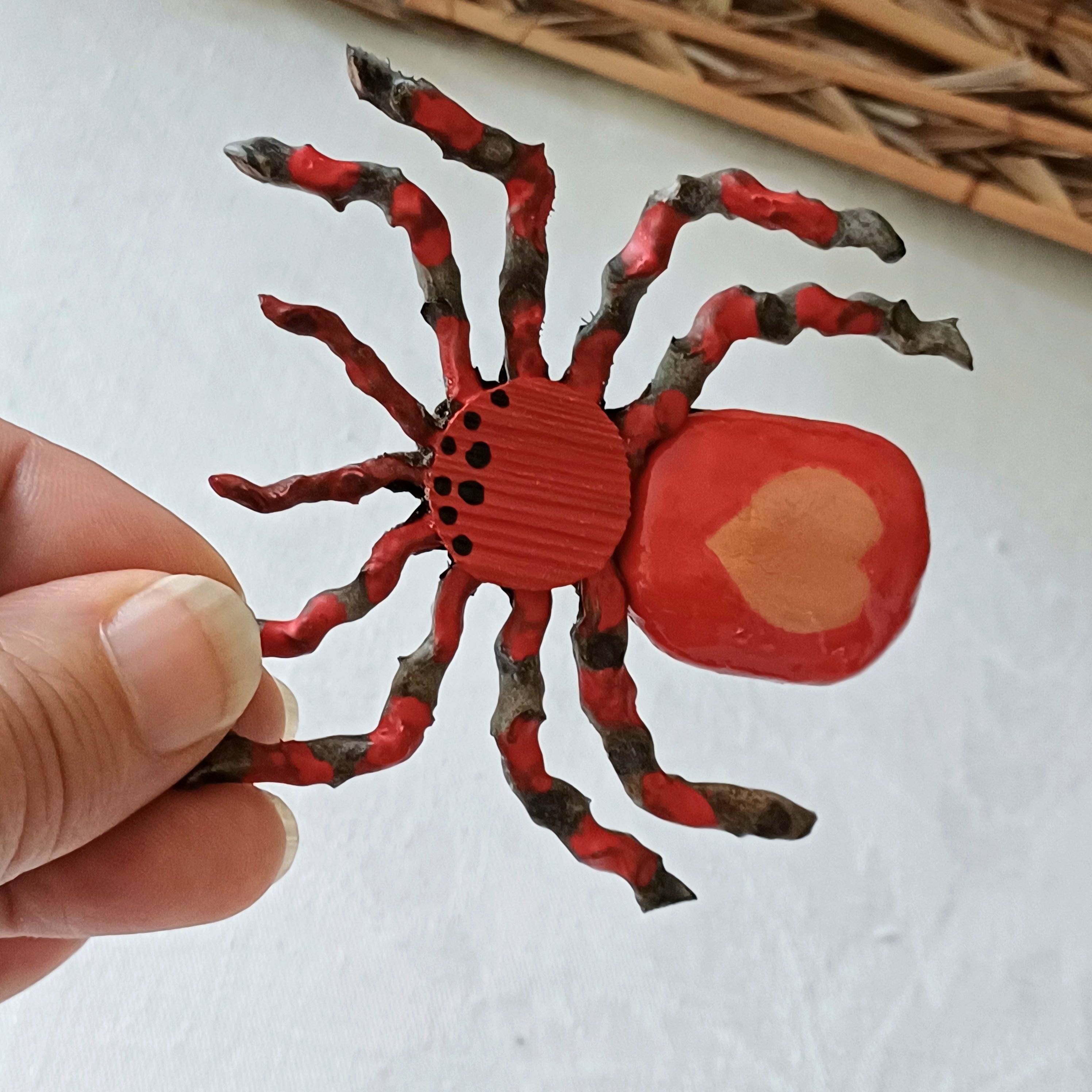 Hand painted red palm clay spider keepsake with magnet