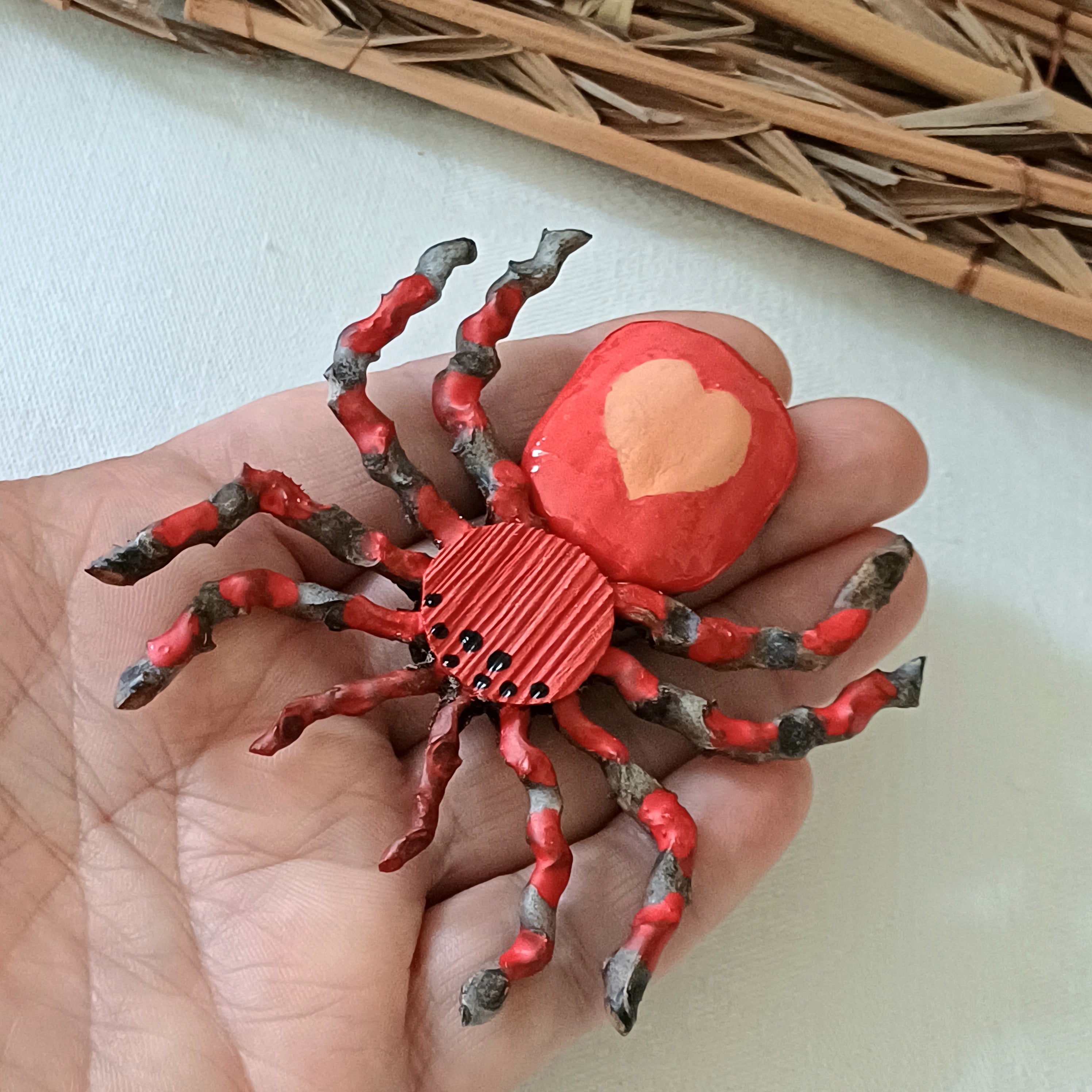 Hand painted red palm clay spider keepsake with magnet