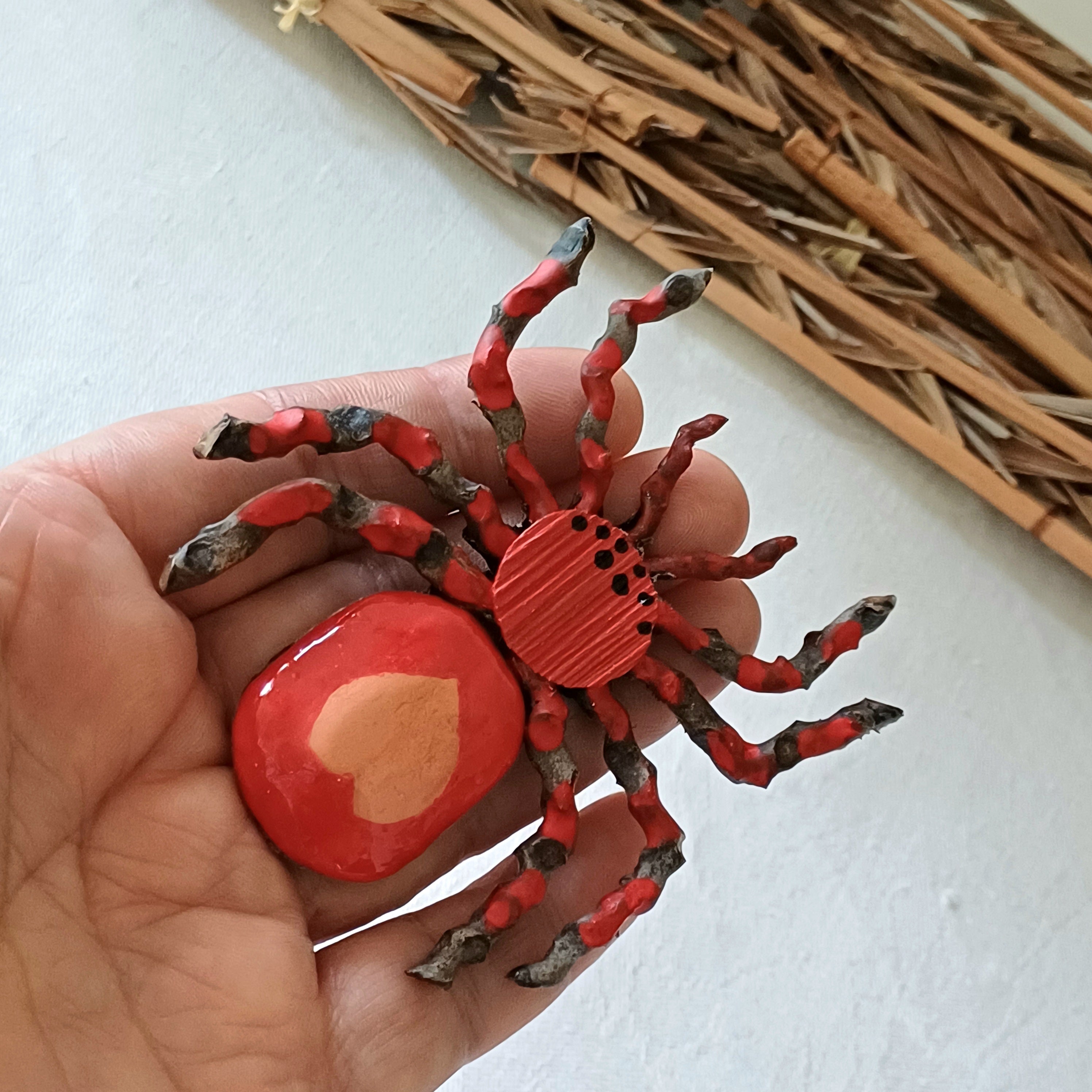 Hand painted red palm clay spider keepsake with magnet