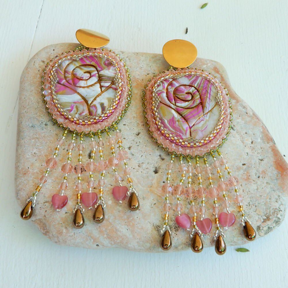 Pink Crystal & Polymer Clay Statement Earrings "Crystal Rose"