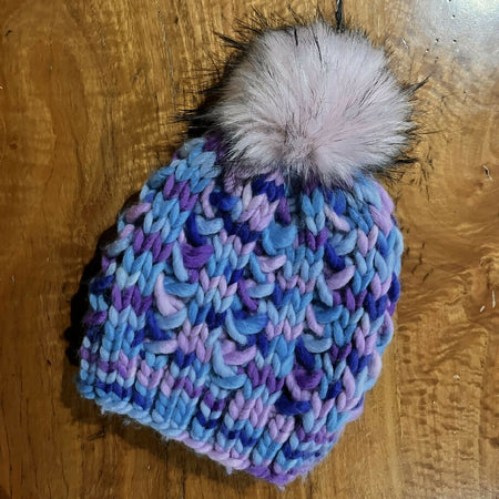 100% Australian merino hand knit beanie with faux fur pom pom
