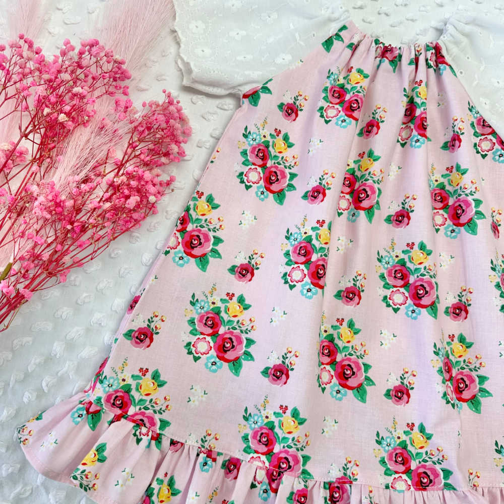 Girls Size 2 Floral Dress – Pink with Broderie Anglaise Sleeves