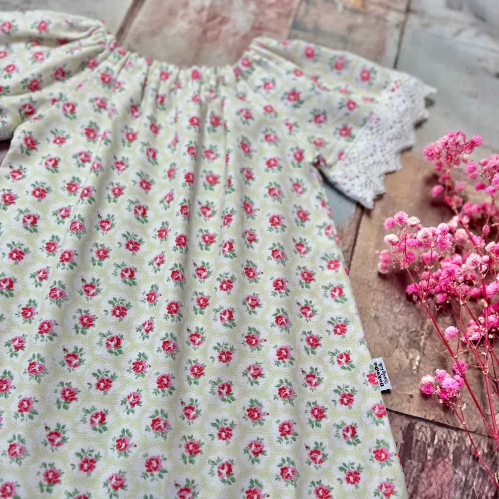Baby Girls Size 1 Dress – Green Floral with White Lace Trim