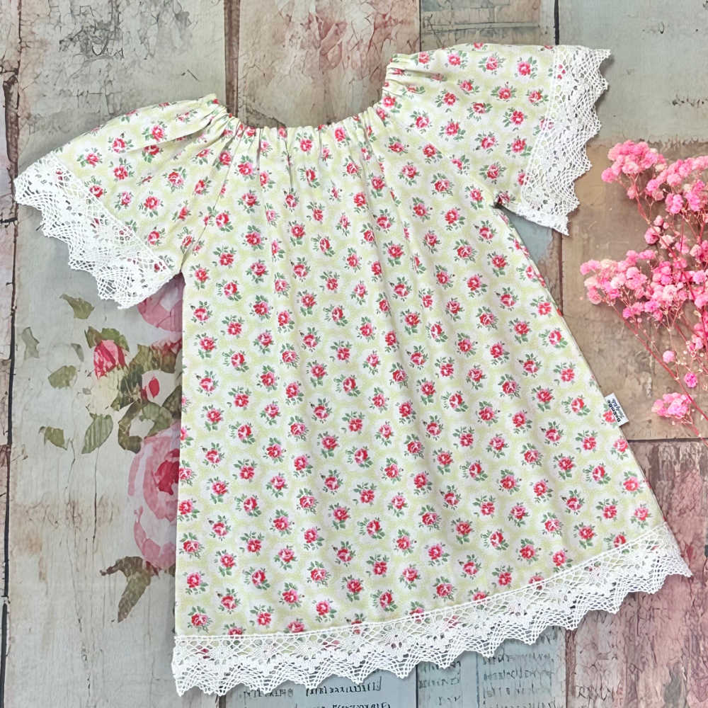 Baby Girls Size 1 Dress – Green Floral with White Lace Trim