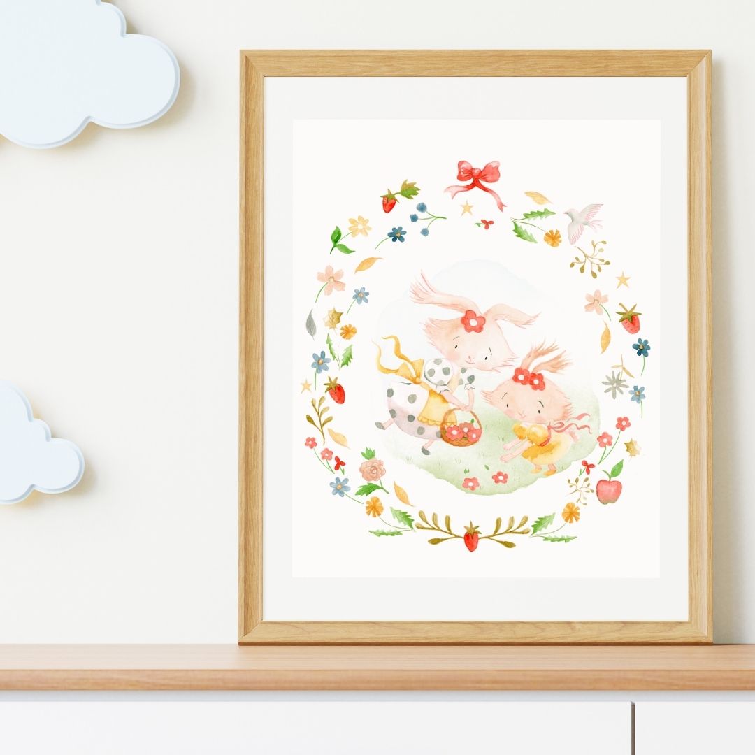 Whimsical Nursery Art Print- 'Flower Picking' Watercolour