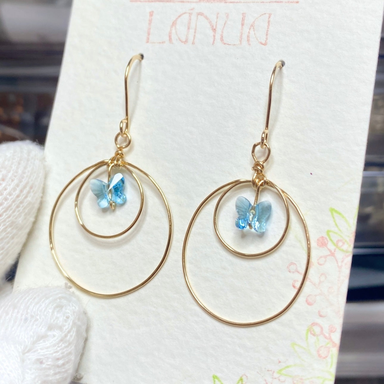 Butterfly crystal looping dangle earrings | Blue | Sterling silver or 14k gold-filled