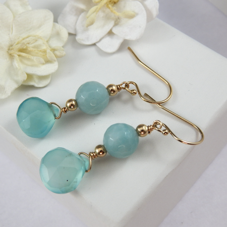 Faceted Blue Amazonite And Chalcedony Drop Earrings