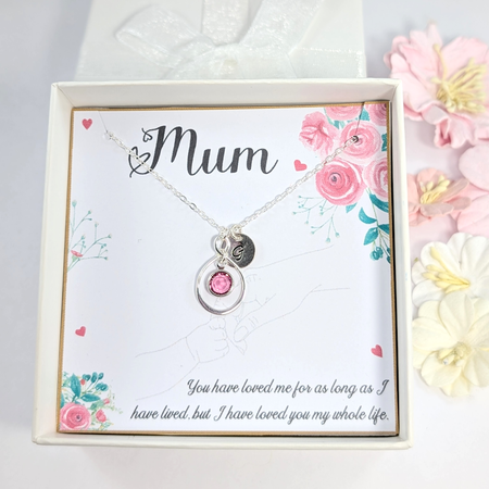 Personalized Necklace Gift for Mum,Sterling Silver Initial Birthstone