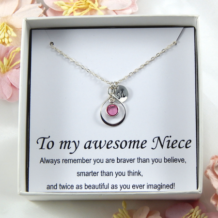 Niece Gift Sterling Silver Initial and Birthstone Necklace