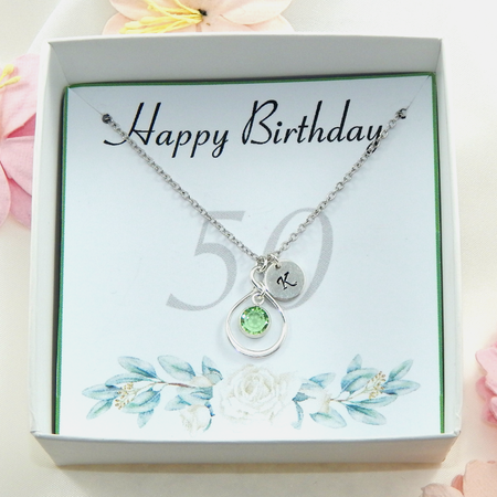 50th Birthday Sterling Silver Birthstone and Initial Necklace