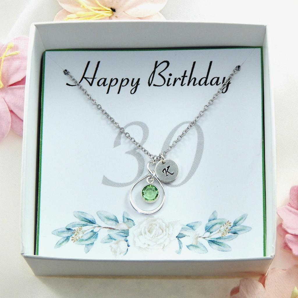 30th Birthday, Sterling Silver Birthstone and Initial Necklace