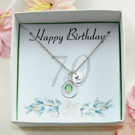 Personalized 70th Birthday Necklace,Sterling Silver Initial and Birthstone