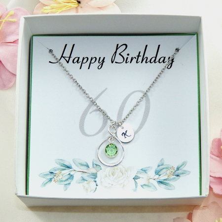 60th Birthday Sterling Silver Necklace,Personalized Initial and Birthstone