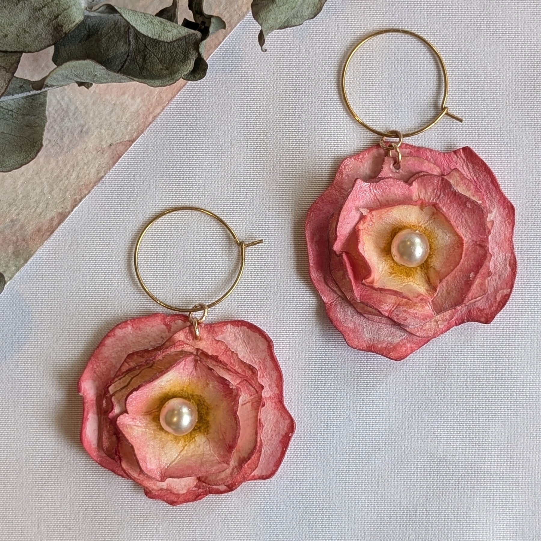 Made To Order Ranunculus Watercolour Hoop Earrings – Pink Floral with Pearl Centre