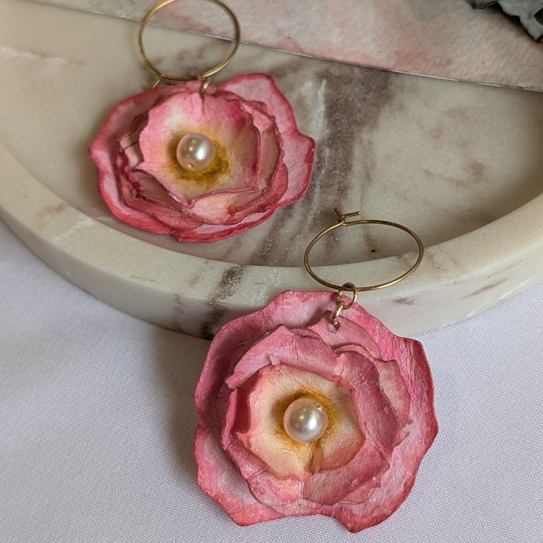 Made To Order Ranunculus Watercolour Hoop Earrings – Pink Floral with Pearl Centre