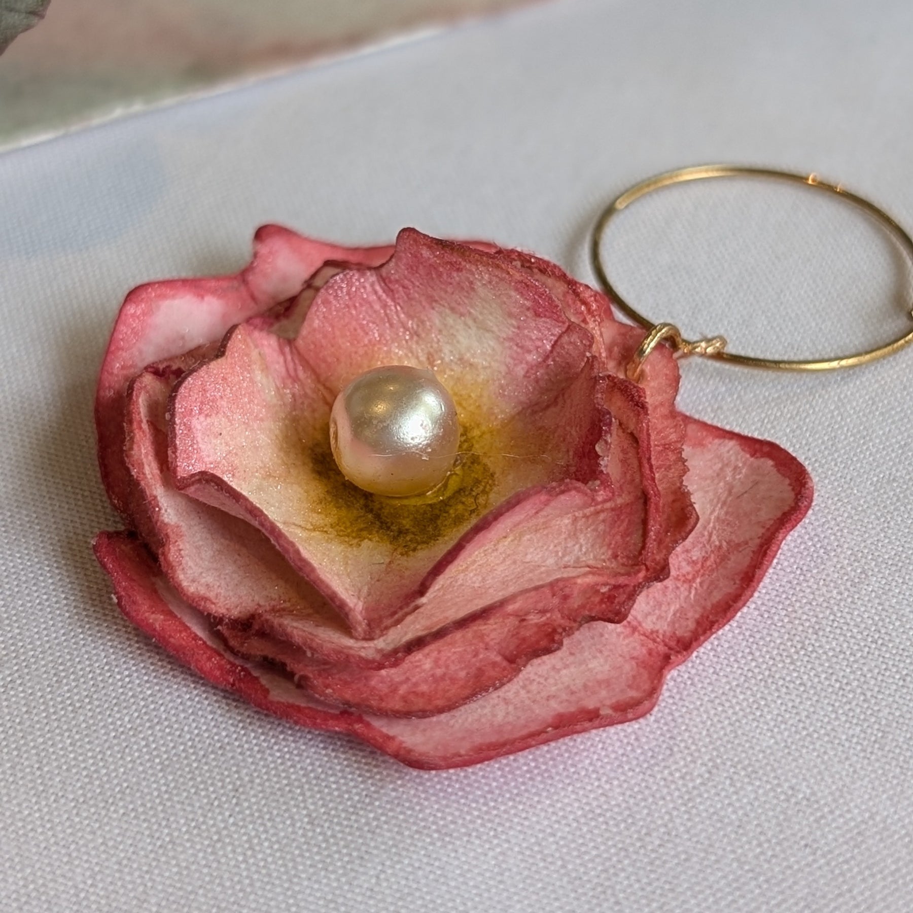 Made To Order Ranunculus Watercolour Hoop Earrings – Pink Floral with Pearl Centre