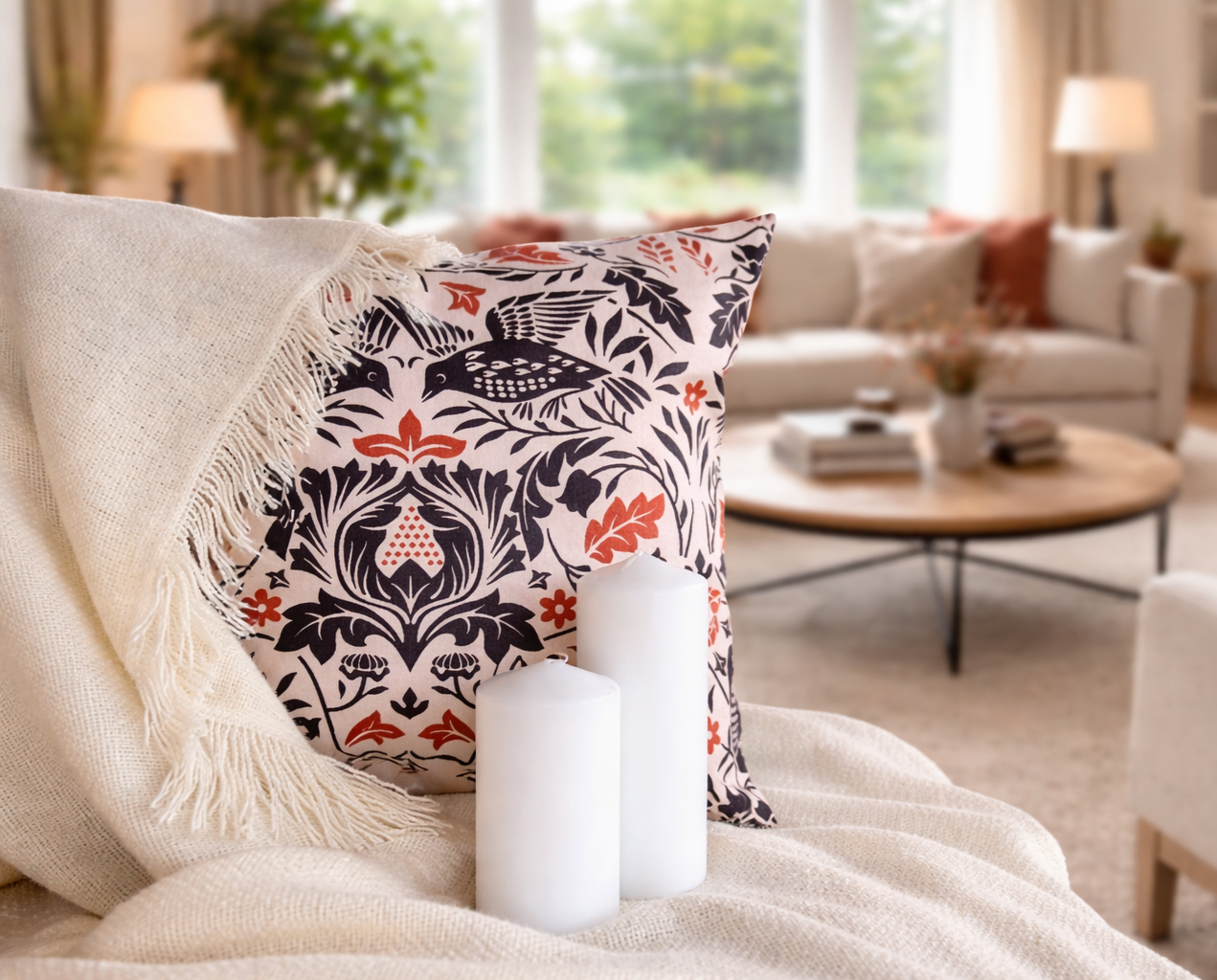 Floral cushion cover featuring bird detail. 45x45cm