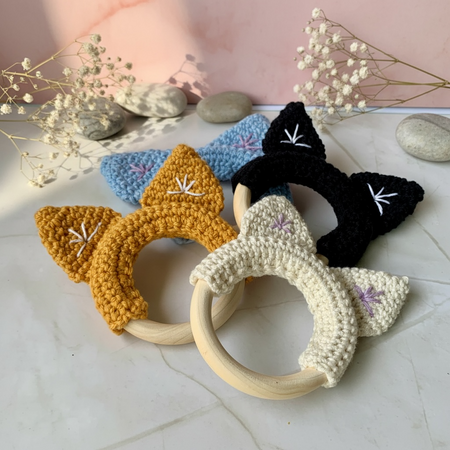 Crochet Cat Ears Teether Ring – Natural Wooden Baby Teether – Handmade Baby Gift