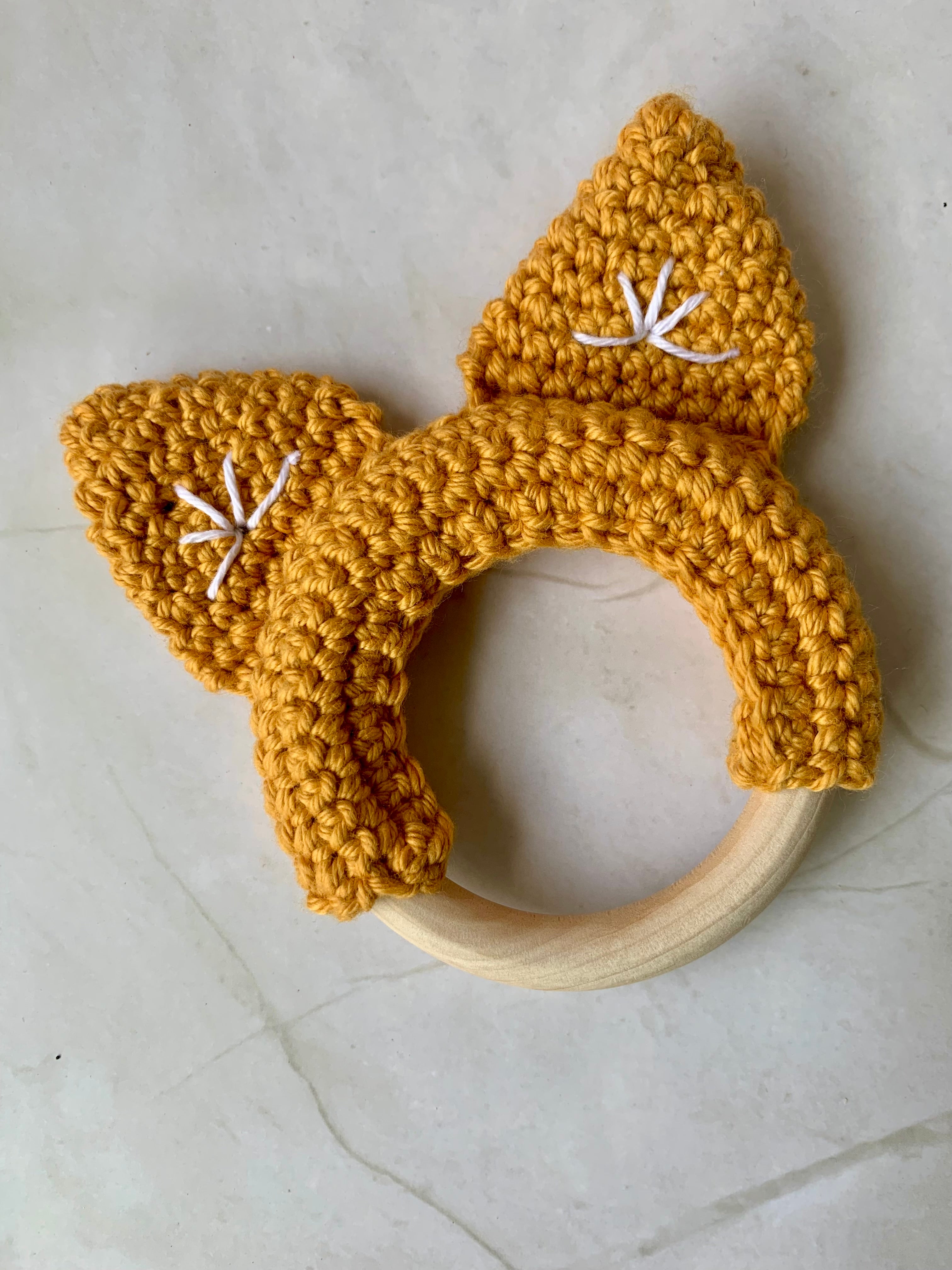 Crochet Cat Ears Teether Ring – Natural Wooden Baby Teether – Handmade Baby Gift