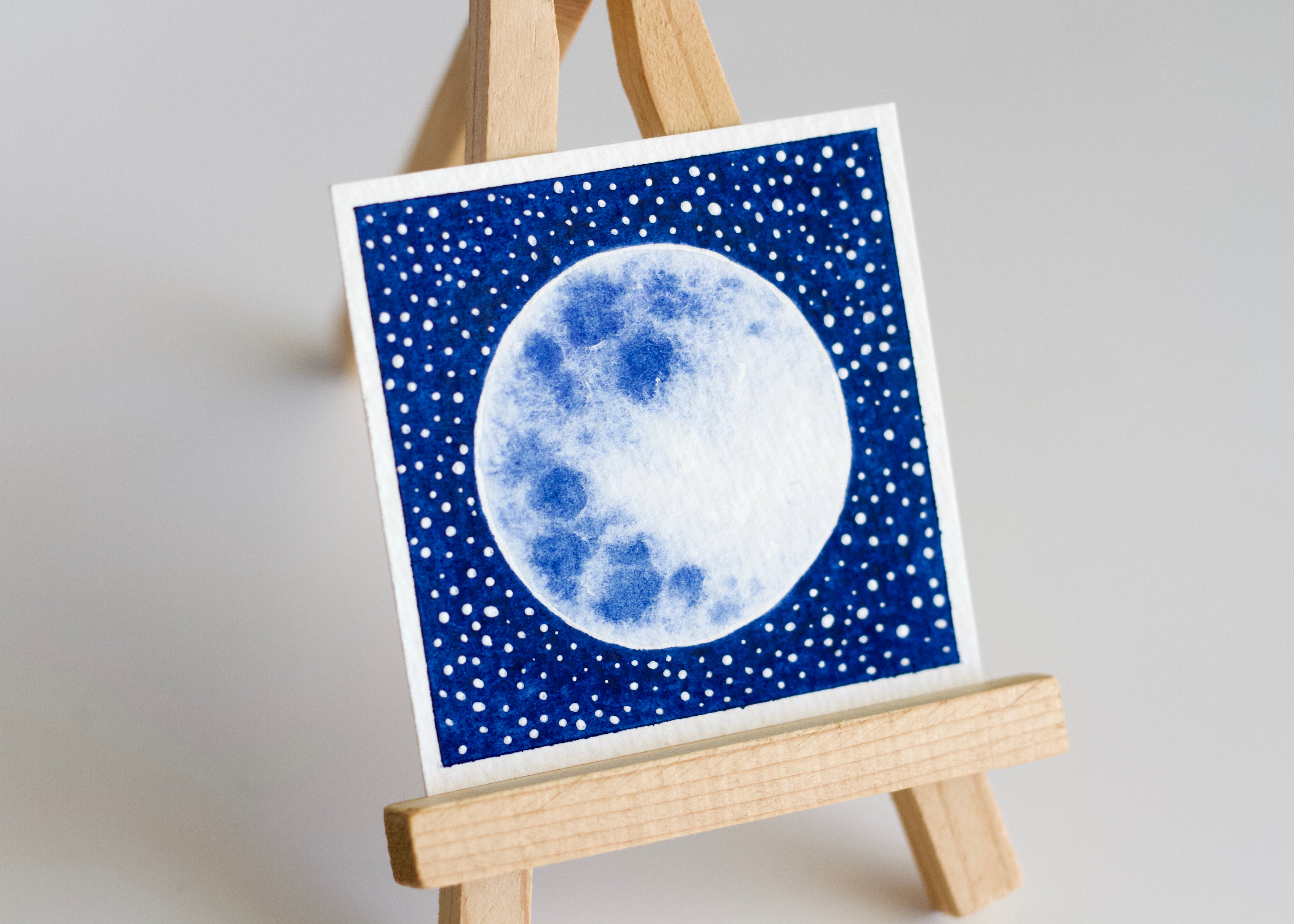 Miniature Watercolour Moon and Stars Painting
