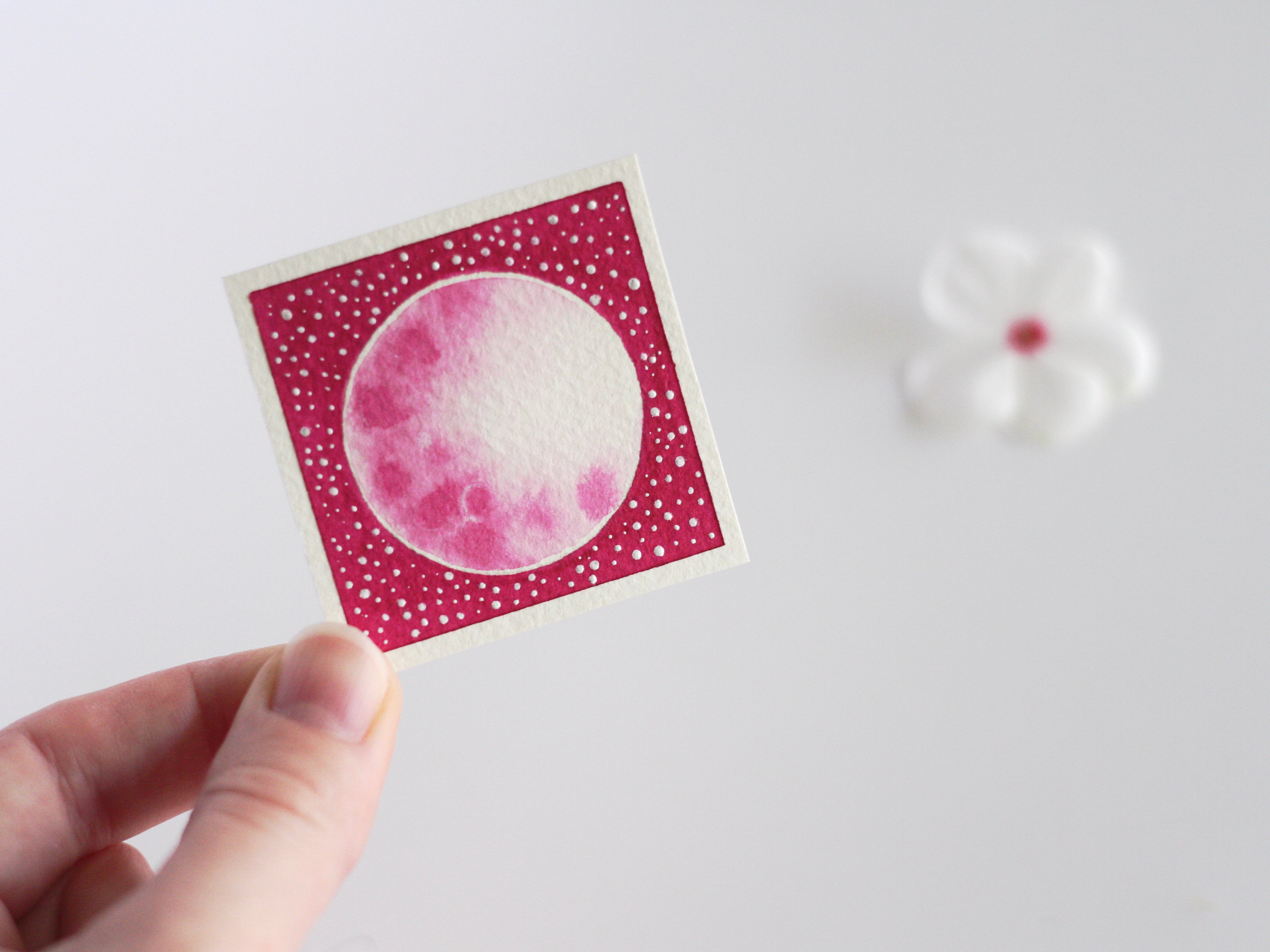 Pink Moon Miniature Watercolour Painting