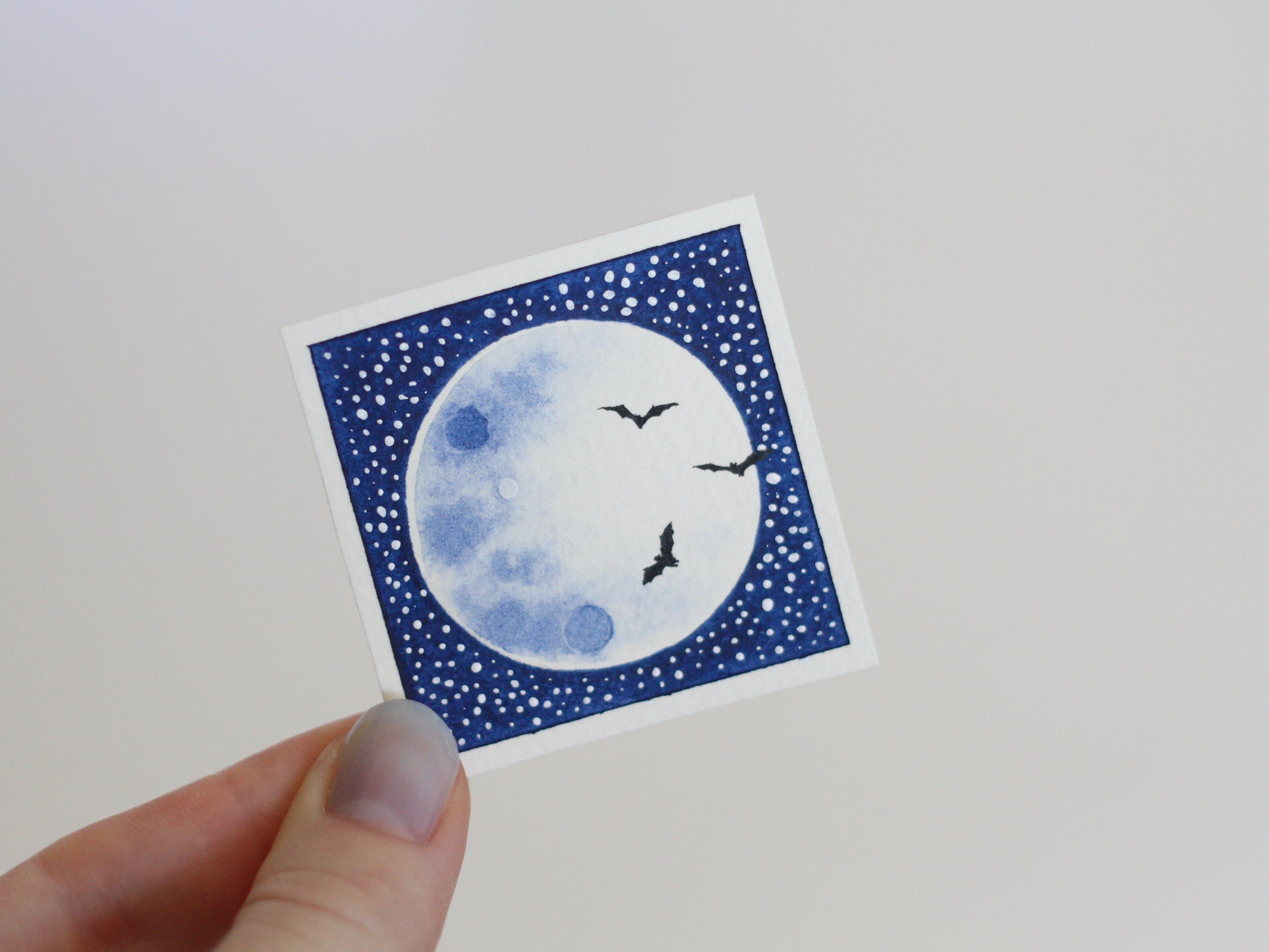 Full moon with bats mini watercolour painting
