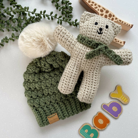 Newborn Baby Bundle | Handmade Beanie & Teddy Bear | Sage Green