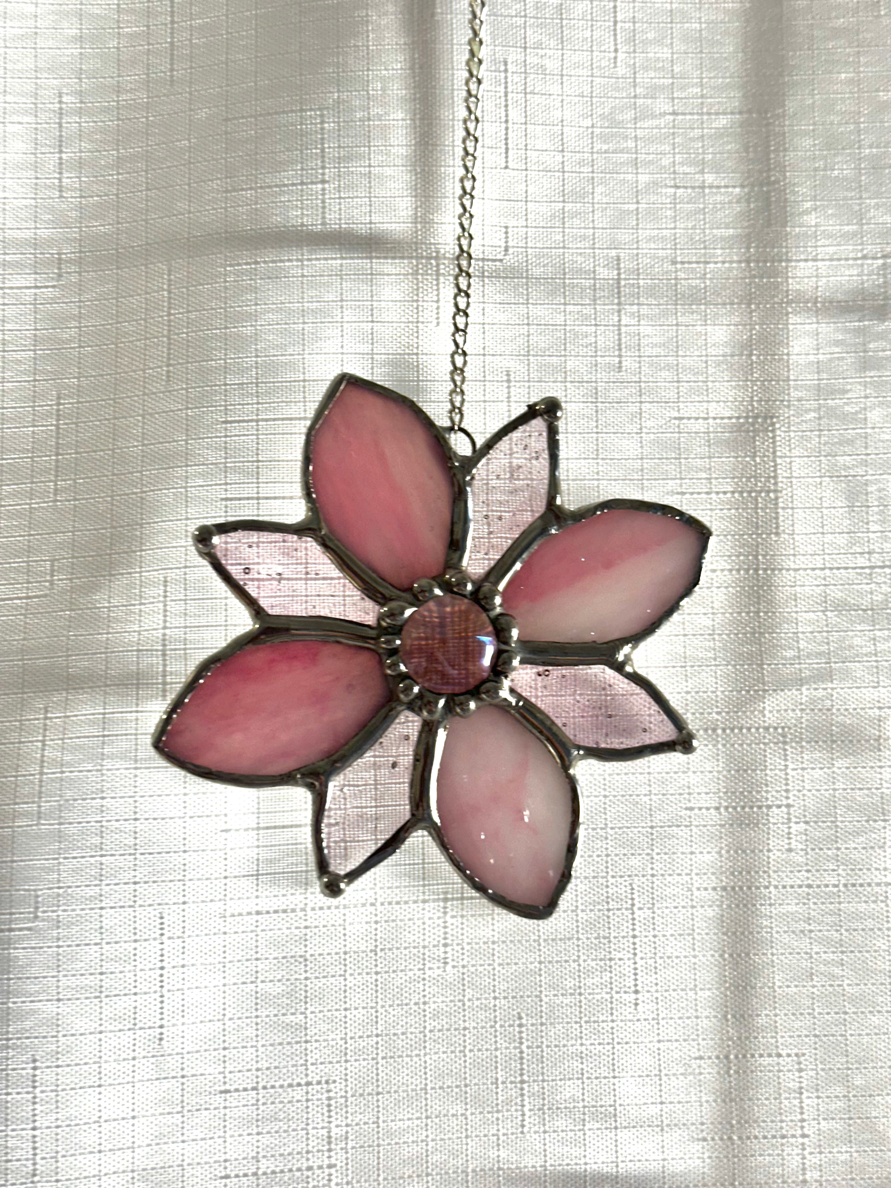 Pink stained glass flower sun catcher