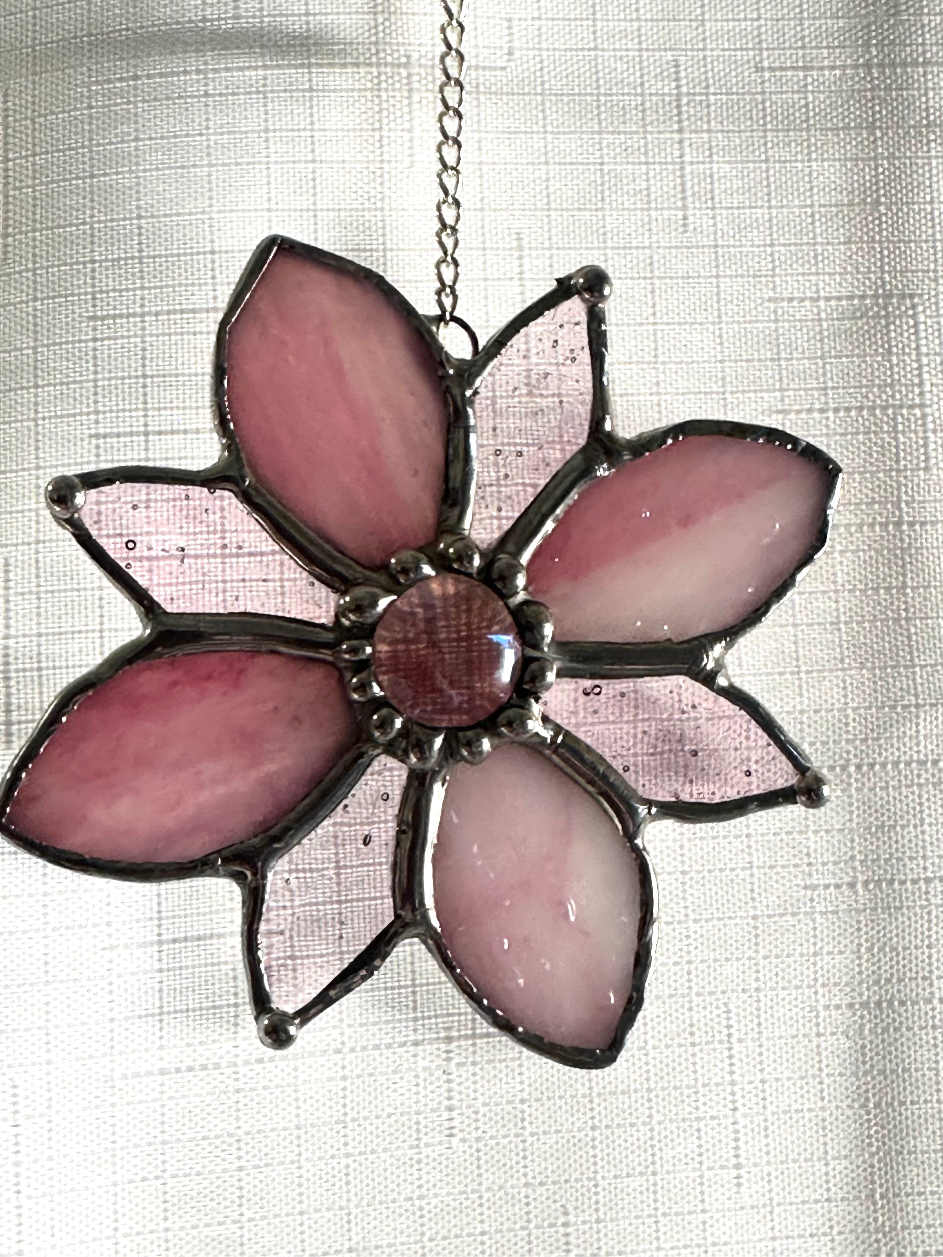 Pink stained glass flower sun catcher