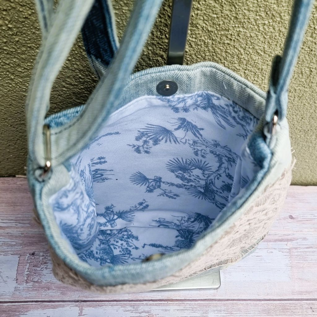Upcycled small crossbody bag - pale blue denim & pink lace