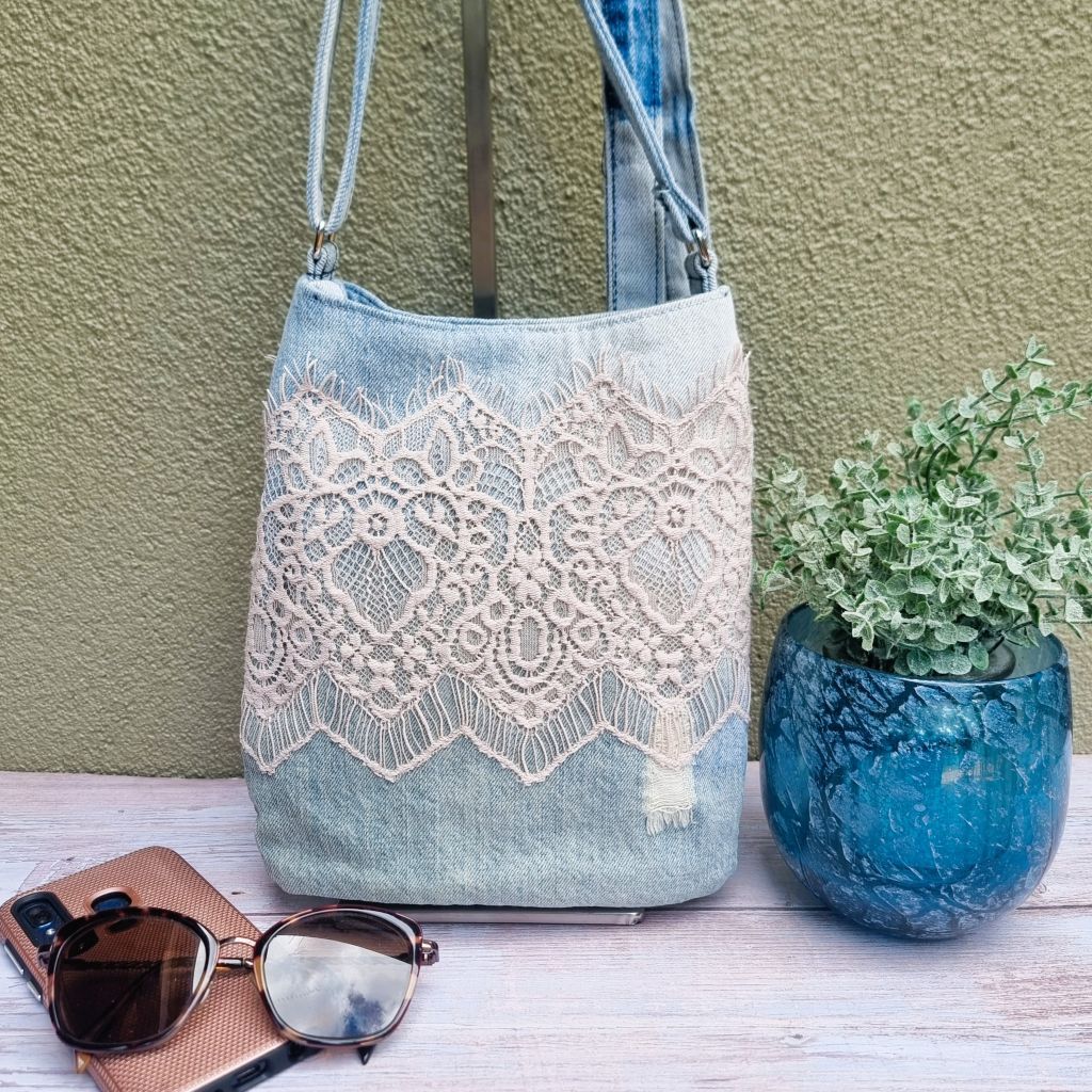 Upcycled small crossbody bag - pale blue denim & pink lace