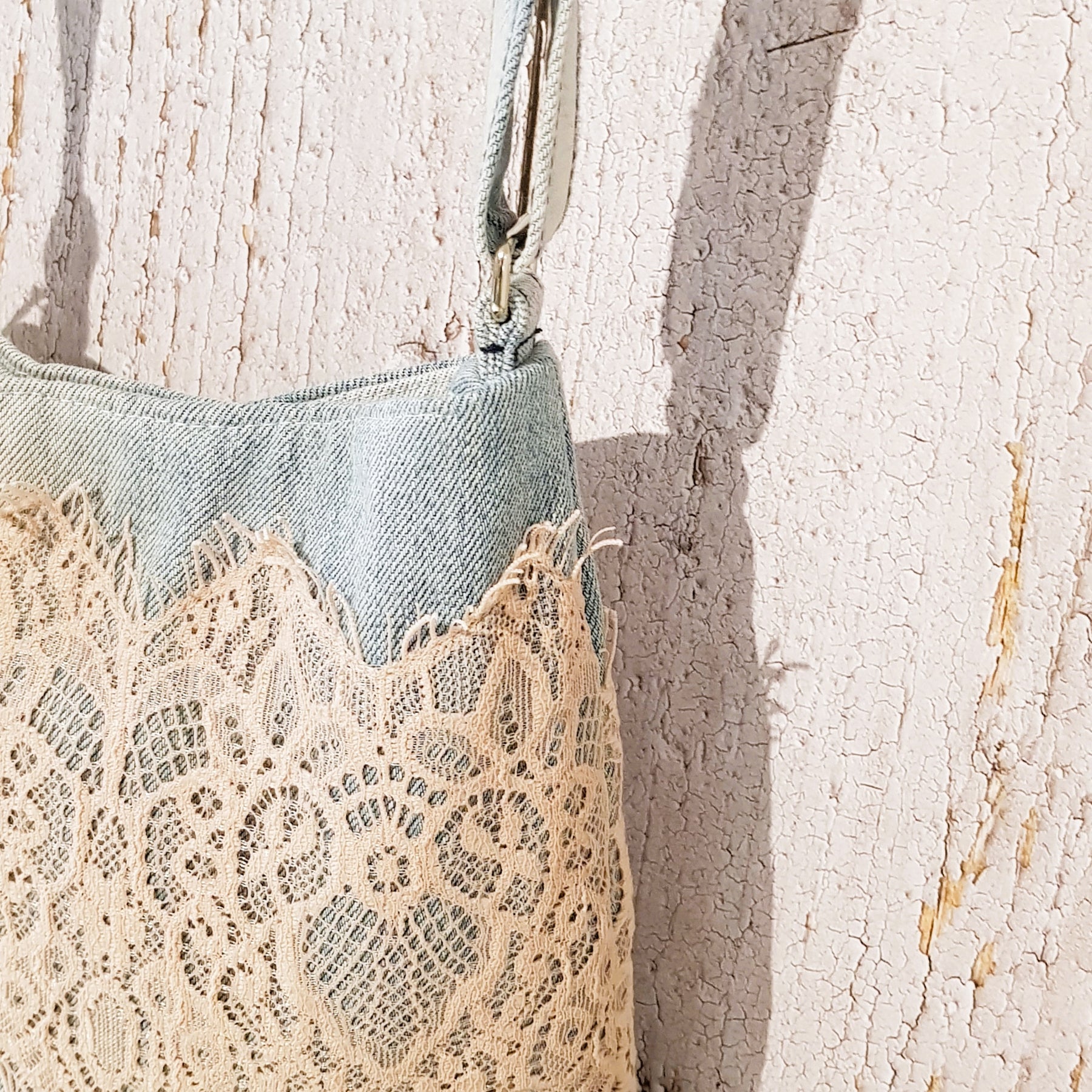 Upcycled small crossbody bag - pale blue denim & pink lace