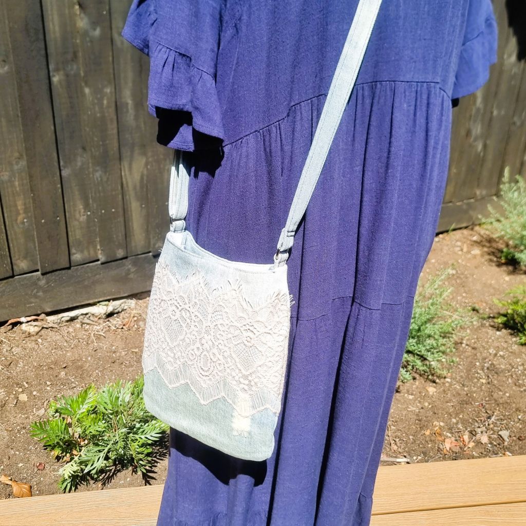 Upcycled small crossbody bag - pale blue denim & pink lace