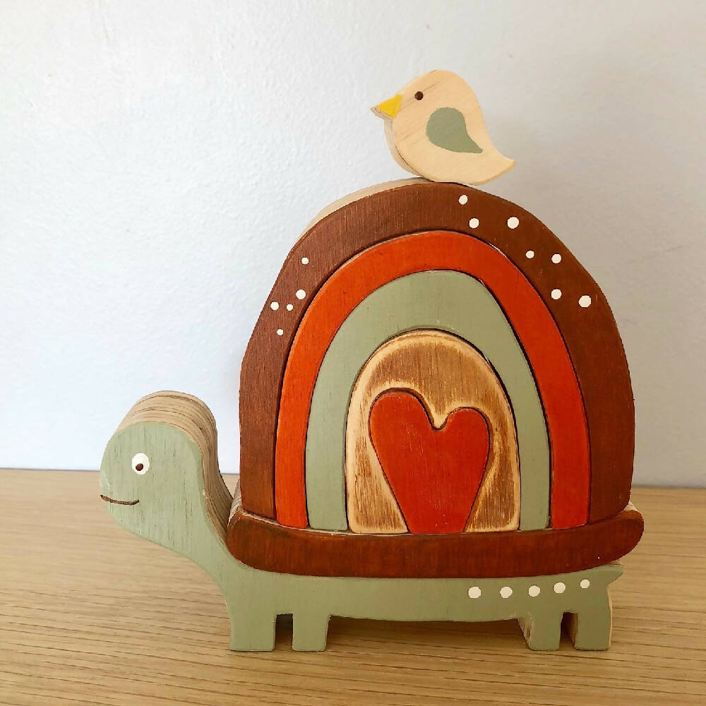 Wooden Tortoise stacker with bird.