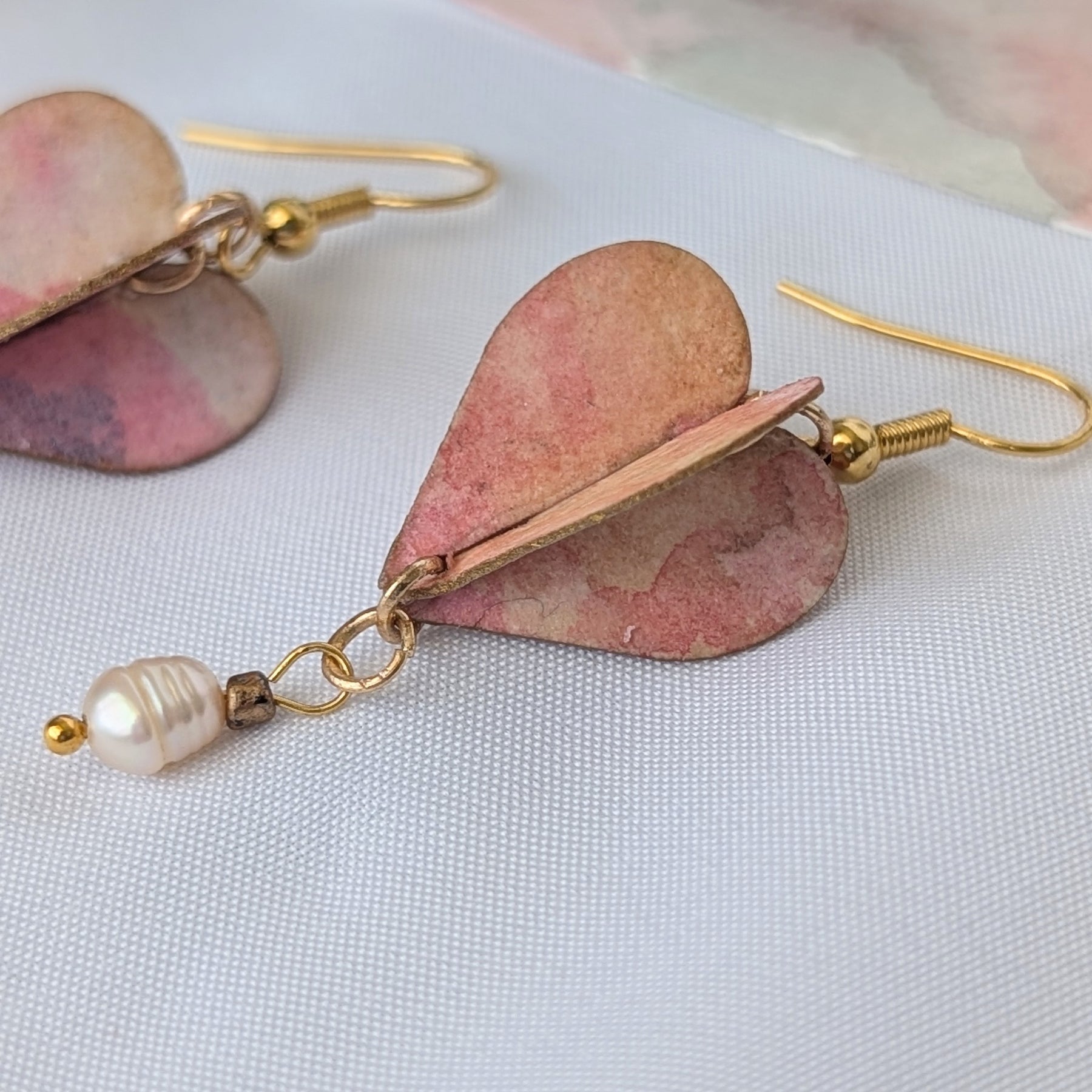 Watercolour Heart Earrings with Freshwater Pearl – Valentine’s Gift – Sustainable Jewellery