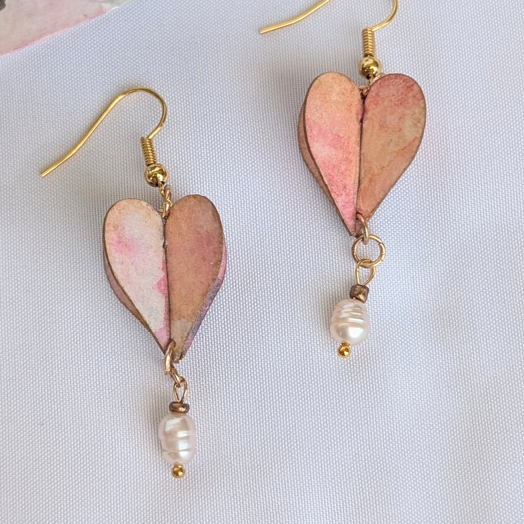 Watercolour Heart Earrings with Freshwater Pearl – Valentine’s Gift – Sustainable Jewellery