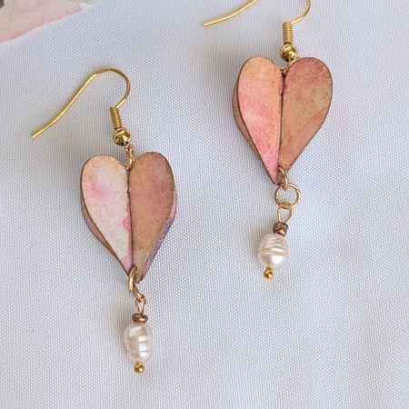 Watercolour Heart Earrings with Freshwater Pearl – Valentine’s Gift – Sustainable Jewellery