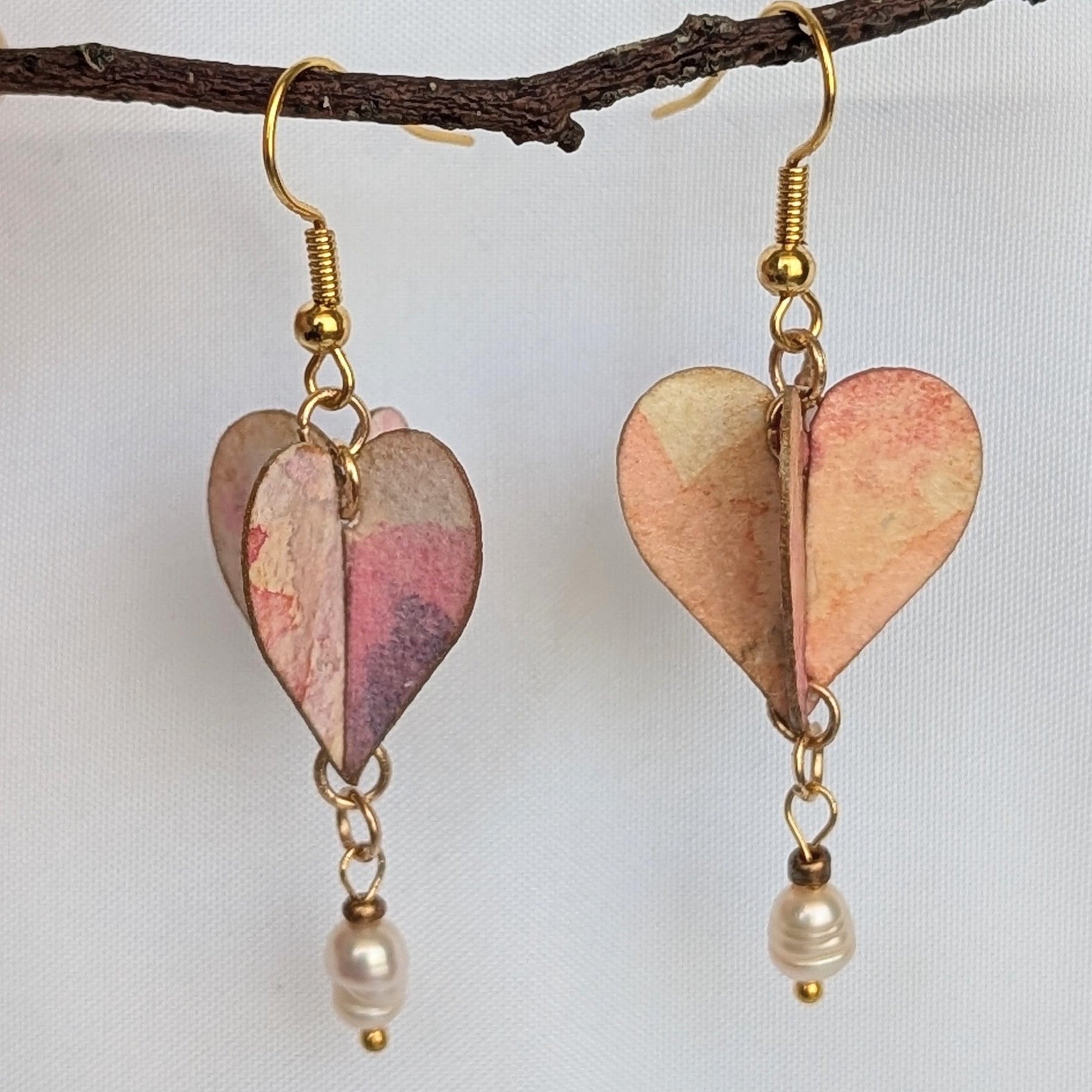 Watercolour Heart Earrings with Freshwater Pearl – Valentine’s Gift – Sustainable Jewellery
