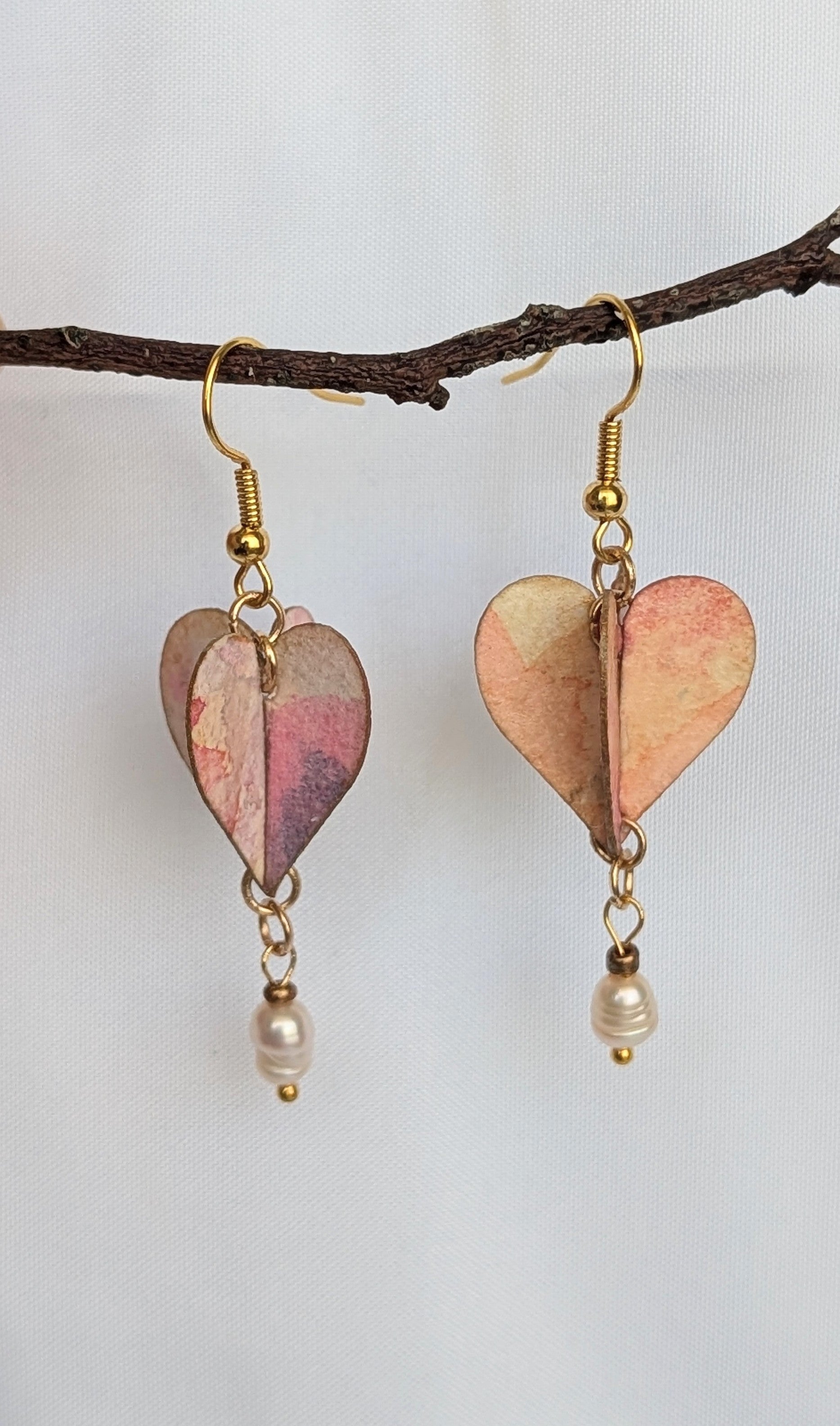 Watercolour Heart Earrings with Freshwater Pearl – Valentine’s Gift – Sustainable Jewellery