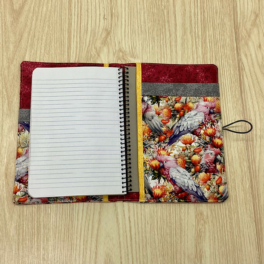 Galahs, Black Cockatoos refillable A5 fabric notebook cover gift set - Incl. book and pen.