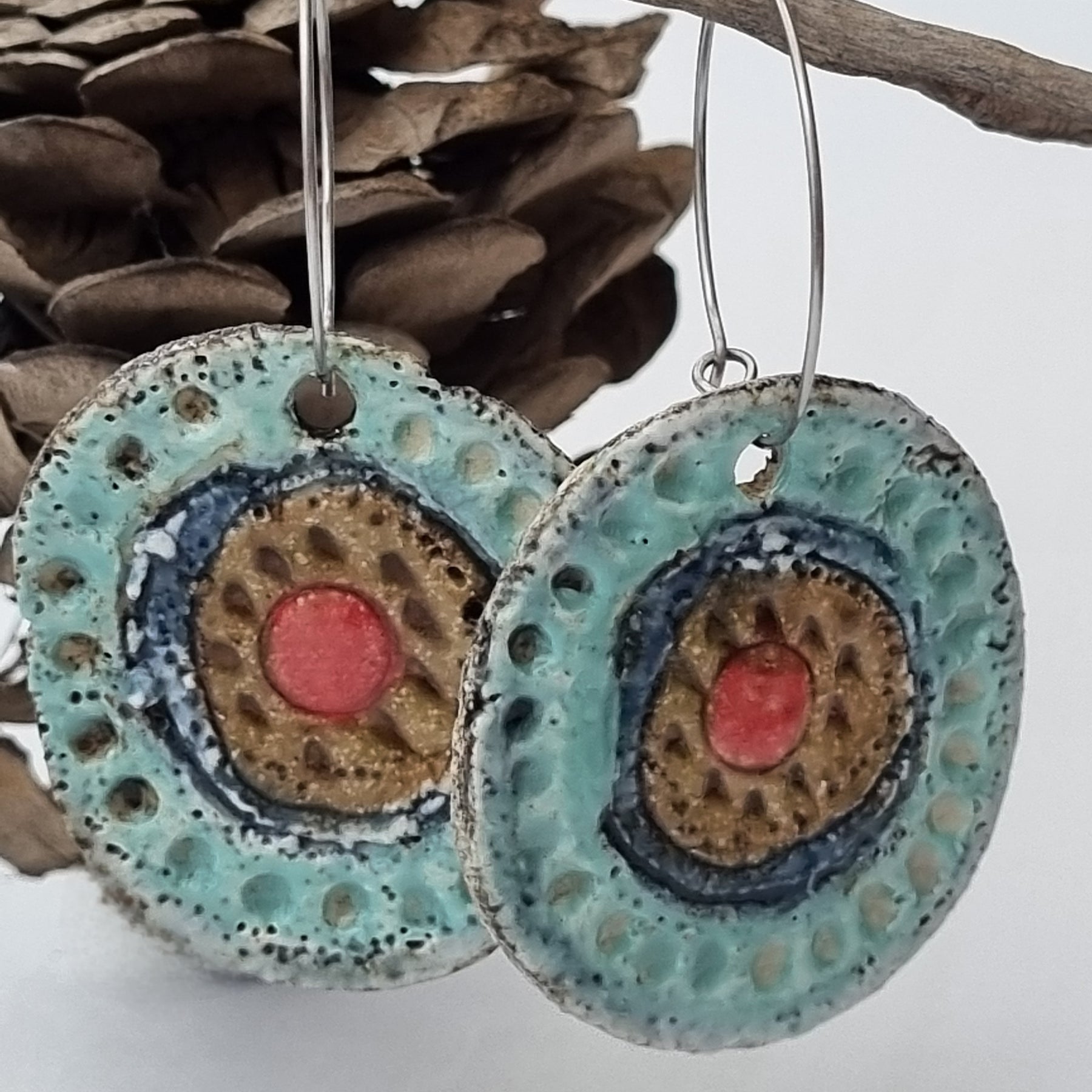 Handmade Stoneware Ceramic Earrings, turquoise-blue-mustard-coral multi-coloured, 35mm diameter, pierced ears