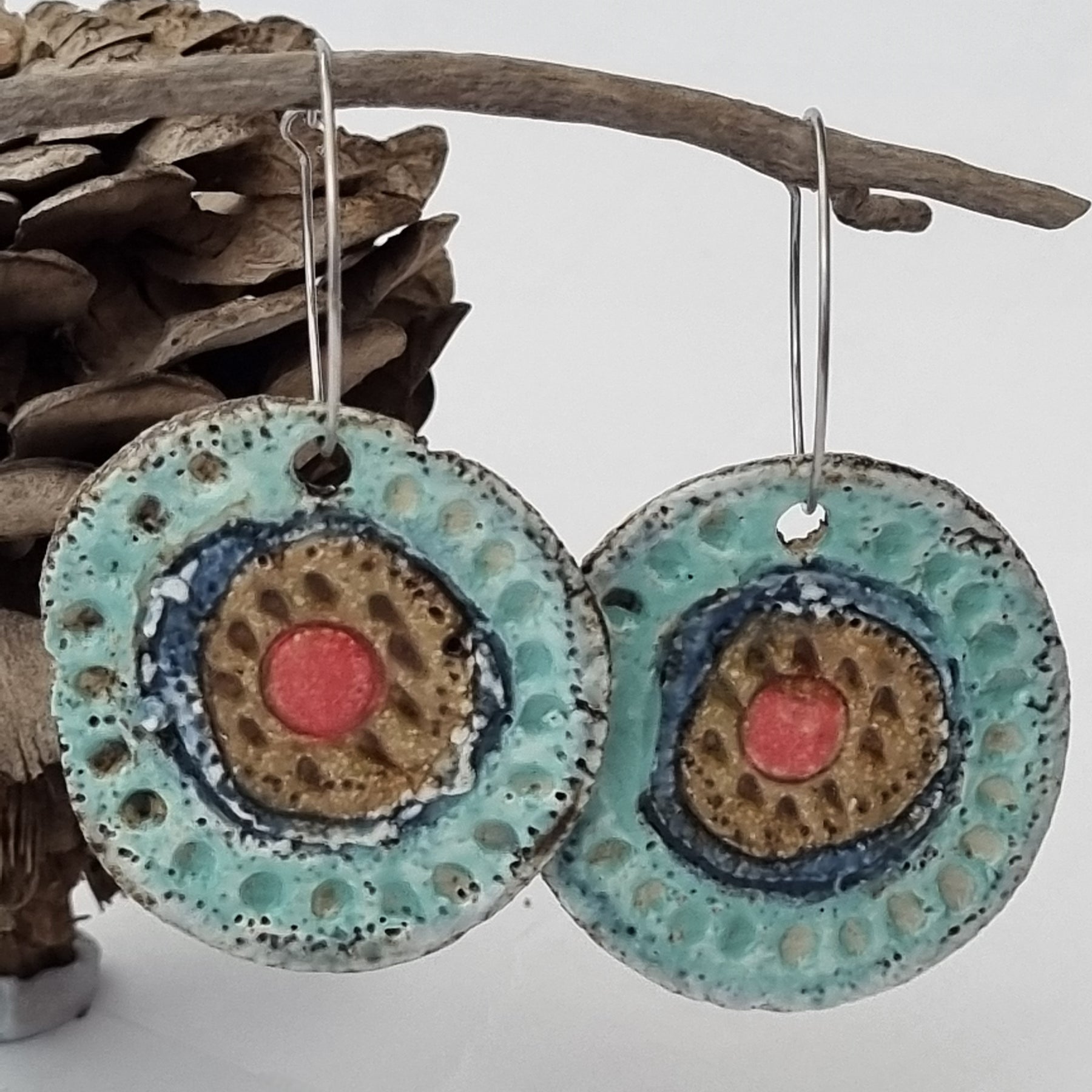 Handmade Stoneware Ceramic Earrings, turquoise-blue-mustard-coral multi-coloured, 35mm diameter, pierced ears