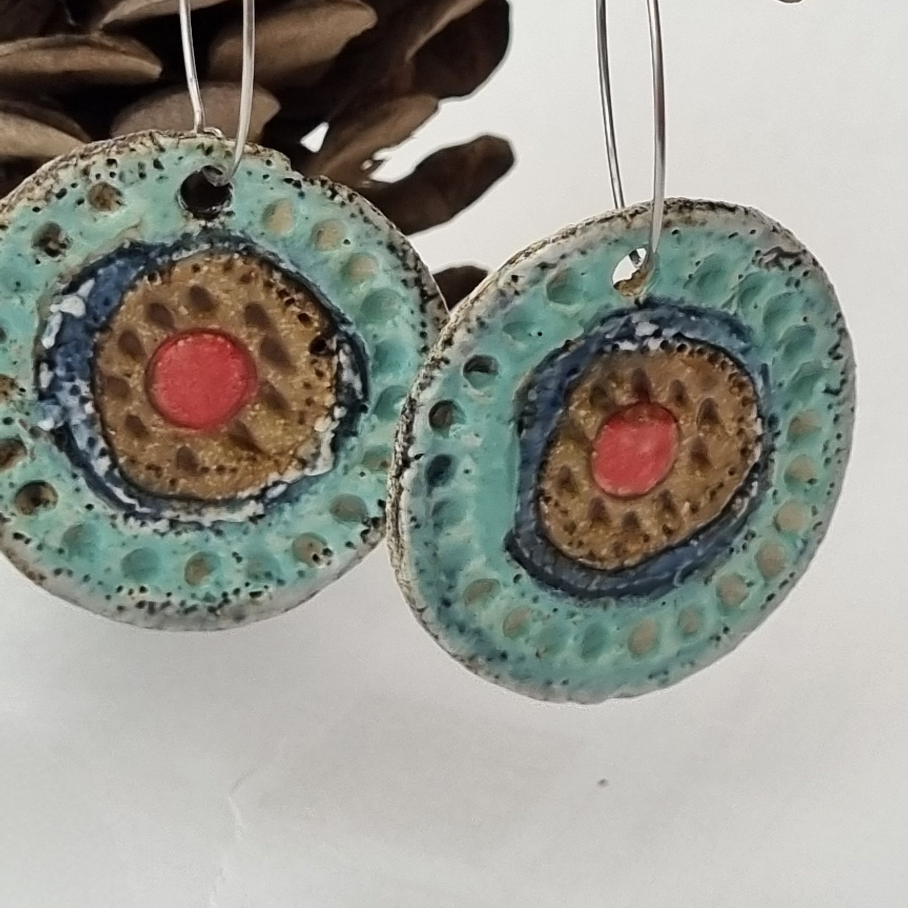Handmade Stoneware Ceramic Earrings, turquoise-blue-mustard-coral multi-coloured, 35mm diameter, pierced ears