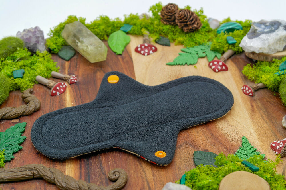 dig the flow reusables reusable cloth pad australian handmade black glitter cotton lycra old skool tattoo cotton unique one-of-a-kind mishmash menstrual health business - softshell waterproof backer