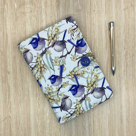 Blue Wren (white) refillable A5 fabric notebook cover gift set - Incl. book and pen.