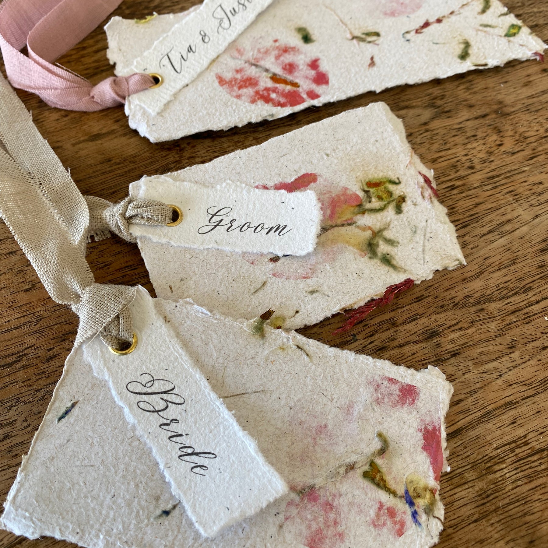 Handmade Paper Wedding Place Cards Personalised with Guest names (Bundle of 5)